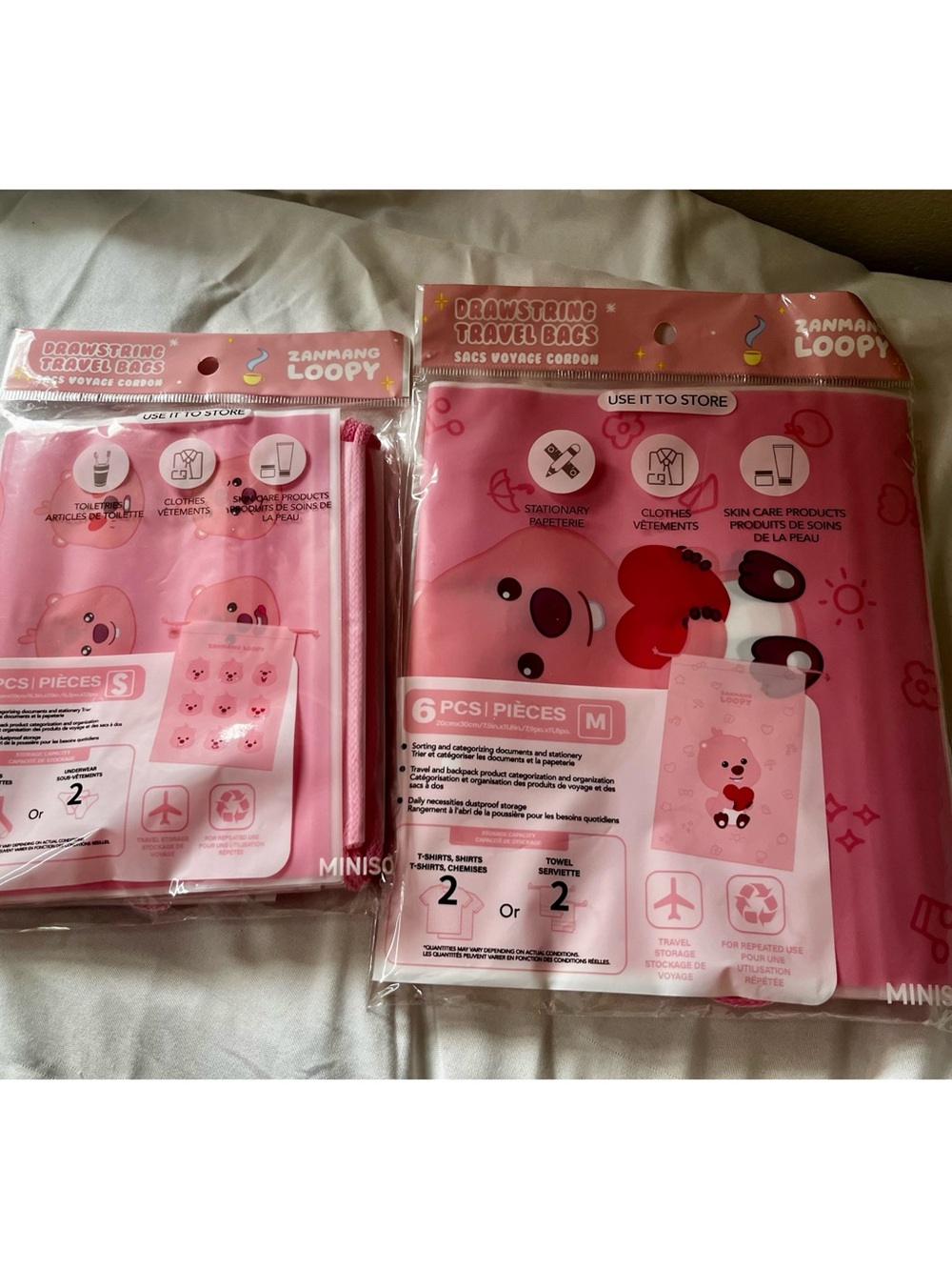 Loopy Case Pink Cartoon Drawstring Travel Bags - 6 Pack